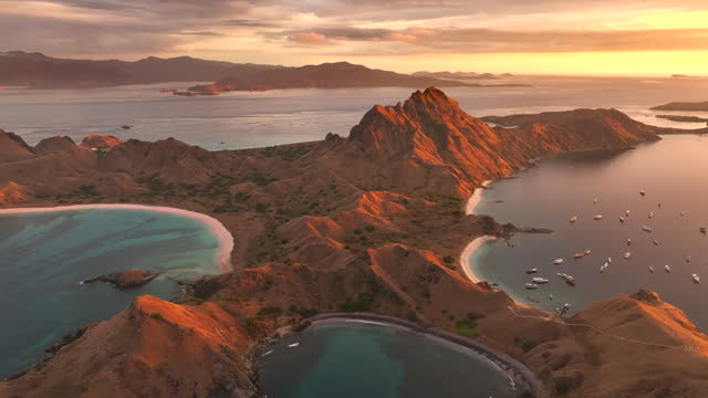 Aerial Drone Sunrise Scene of Padar Island in Komodo National Park, Beautiful landscape Indonesia, It is the third largest island part of Komodo National Park.