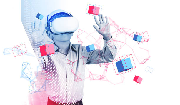 istock Kid working in vr glasses, data blocks and blockchain in metaver 1789176837
