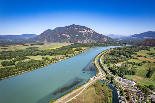 Aerial view of Chanaz, Canal de Savieres in Savoie, France, Europe