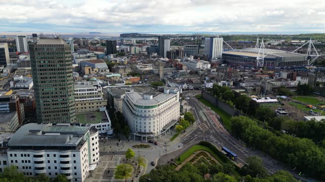 Drone view of Cardiff city, capital of Wales, United Kingdom