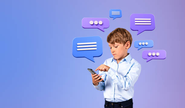 istock School boy finger touch phone, online communication, text bubbles and messages 1789180573