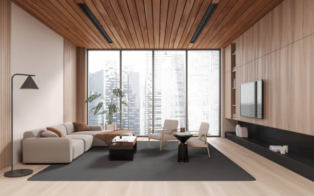 istock Cozy relaxing room interior with soft place and tv console, decor and window 1789184284