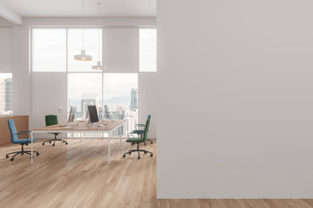 istock Cozy coworking interior with armchairs and table, panoramic window. Mock up wall 1789186961