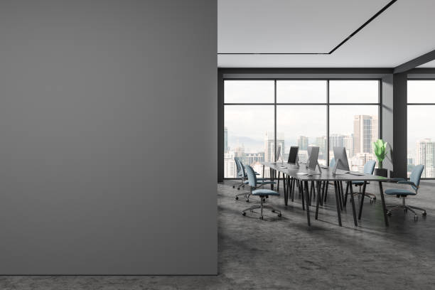 istock Stylish business coworking interior with panoramic window, mock up wall 1789189126