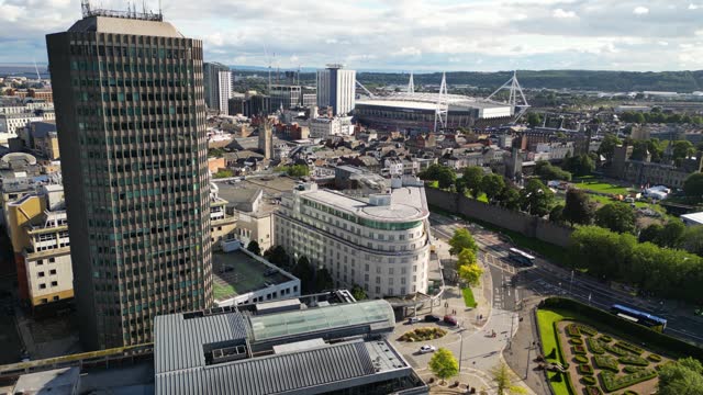 Drone shot of Cardiff city, capital of Wales, United Kingdom
