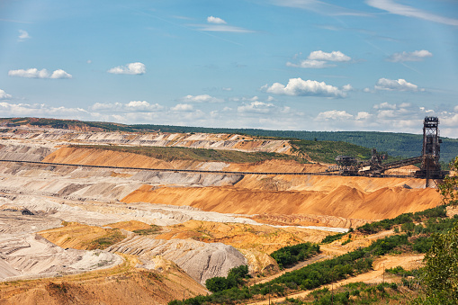 Digging excavators in a brown coal mine or lignite mine