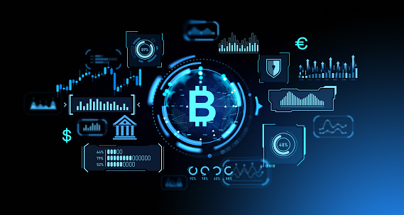 Glowing bitcoin icon, graph chart and digital indicators with candlesticks and security. Concept of cryptocurrency, forex and financial statistics. 3D rendering illustration