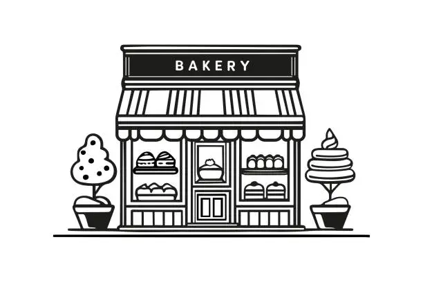 Vector illustration of Bakery stor line vector illustration. Sweet shop exterior confectionery store graphic black white sketch illustration