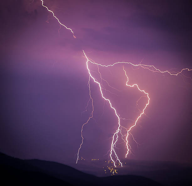 istock Smashing lightning during a storm over the small city 178919646