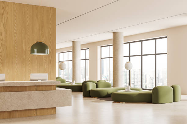 istock Stylish reception interior lobby with desk and lounge zone, panoramic window 1789200248