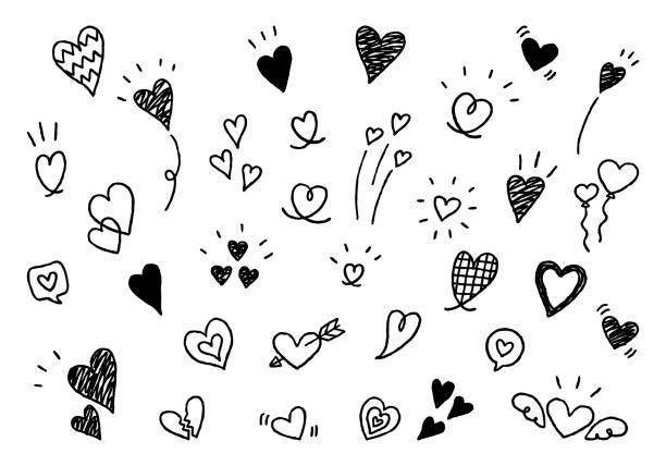 손으로 그린 하트 모양의 일러스트 세트 흑백 - 날개를 펼치다 이미지 stock illustrations