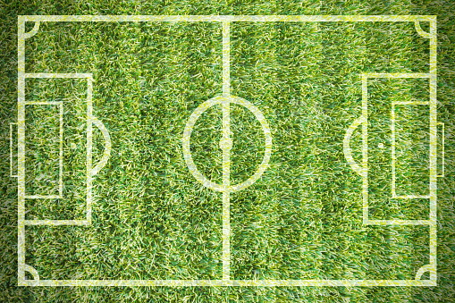 full frame soccer field viewed directly from above. It's a felt textile. Took me really long time to get this. Espacially to get the angles so perfectly in the frame... Make your strategy with a defence, midfield and forward.  See also this RELATED images: