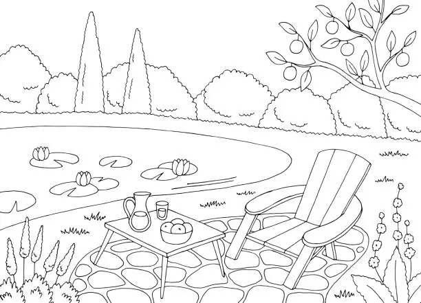 Vector illustration of Pond in the garden graphic black white landscape sketch illustration vector