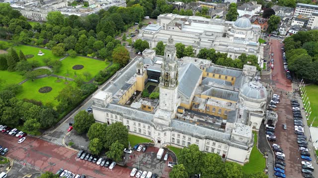 Aerial shot of Cardiff City Hall in Wales, United Kingdom