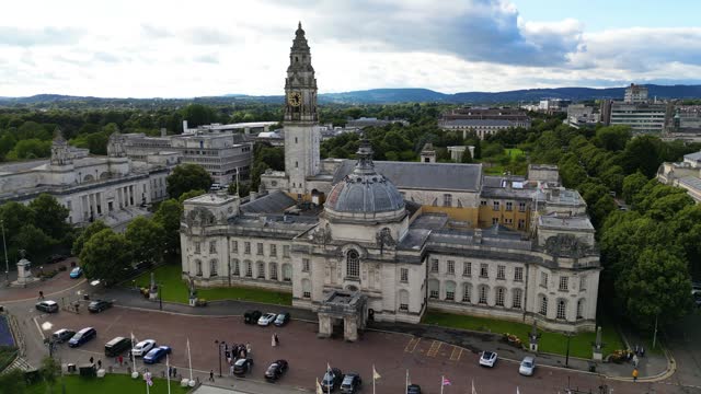 Drone shot of Cardiff City Hall in Wales, United Kingdom