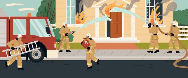 Firefighters rescue crew putting out residential house fire on street scene. Fireman team trying to extinguish burning property in flames and smoke using firehose vector illustration