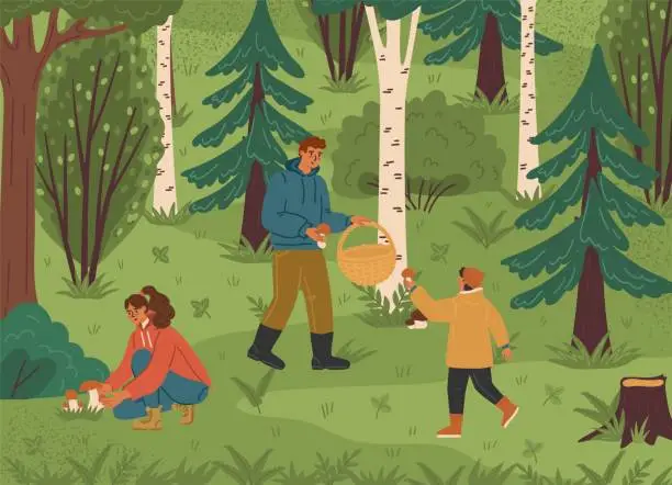 Vector illustration of Happy family picking mushroom in forest vector illustration