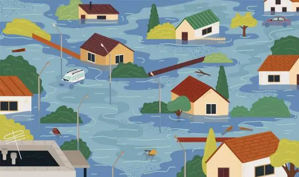 Vector illustration of Catastrophic flood natural disaster scene with submerged buildings and cars