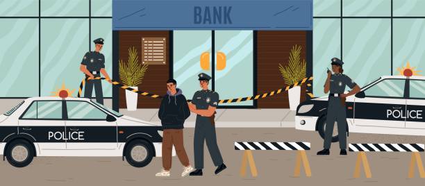 illustrations, cliparts, dessins animés et icônes de des policiers arrêtant des braqueurs de banque scène vectorielle - violence police catching stealing