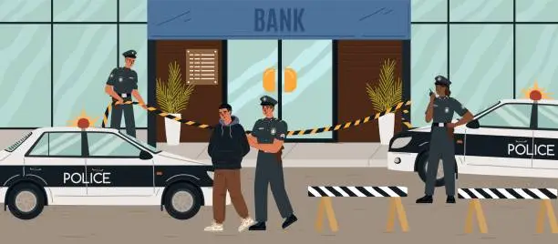 Vector illustration of Police officers arresting bank robbers vector scene