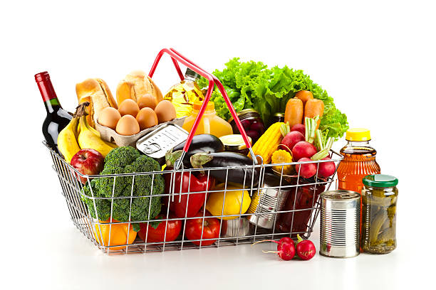 istock Shopping basket filled with groceries on white background 178923196