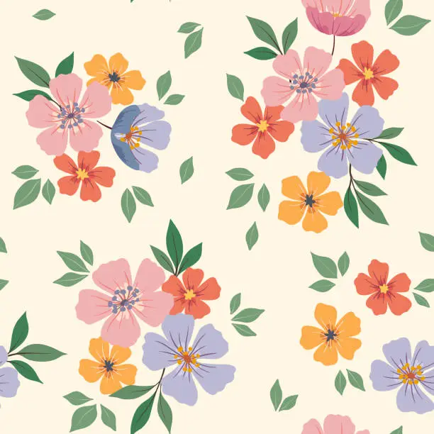 Vector illustration of Seamless floral pattern, liberty ditsy print with cute multi-colored flowers, small leaves on a white background. Vector design.