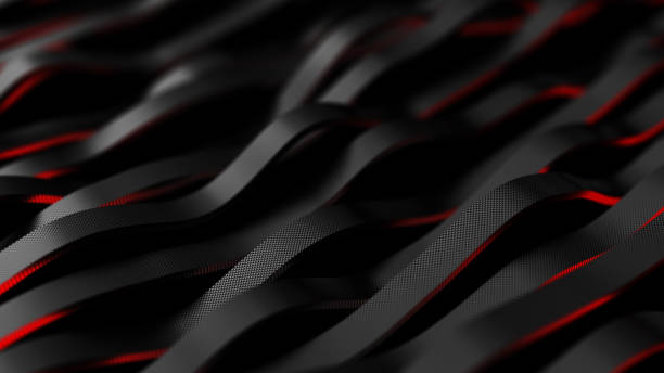 Black carbon fiber motion background. Technology wavy line with red glowing light 3d illustration.