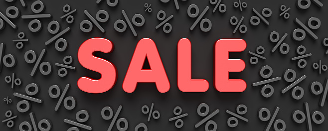 Red text SALE on the black background with percent signs. Black Friday advertisement banner