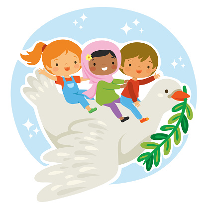 World peace concept. Kids riding a dove with an olive branch as a symbol of peace between nations.