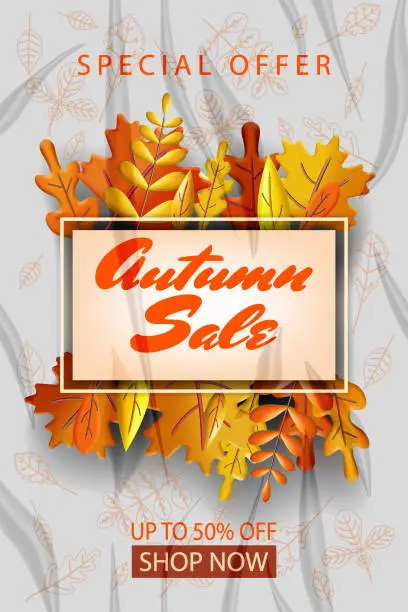 Vector illustration of Autumn Sale glued paper with wrinkles effect realistic
