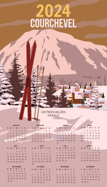 ilustrações, clipart, desenhos animados e ícones de calendário 2024 ski courchevel resort poster de parede vintage - trois vallees illustrations