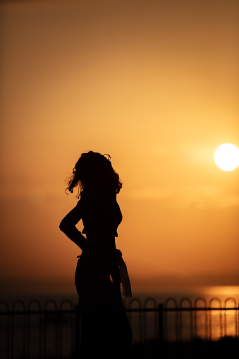 Silhouette of young lady at sunset.