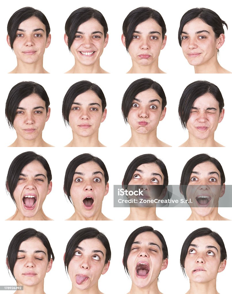 Ausdrucksstarke Schwarzes langes Haar-Frau emotion set Sammlung auf Weiß - Lizenzfrei Weißer Hintergrund Stock-Foto