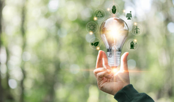 istock Hand holding light bulb against nature with eco environment icon, Save world, technology sustainable alternative environment concept. Energy of natural gas sustainable, business on green background. 1789264398