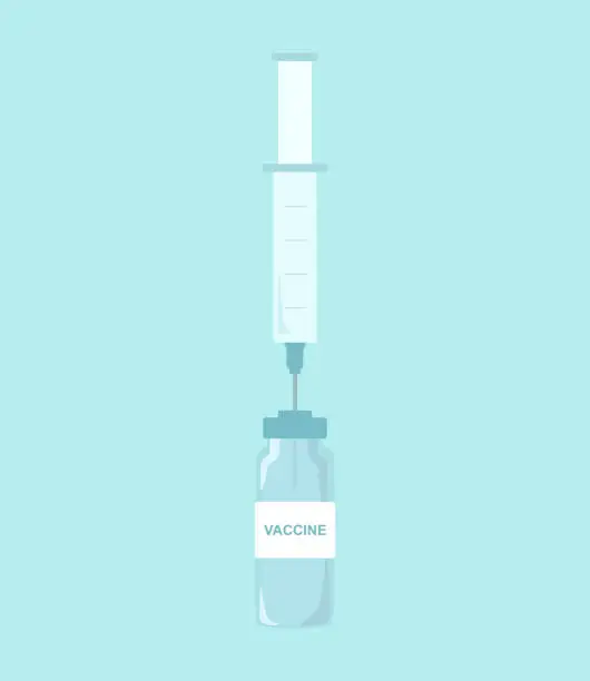 Vector illustration of Vaccine Bottle And Syringe On Turquoise Background. Vaccination, Healthcare And Medicine Concepts