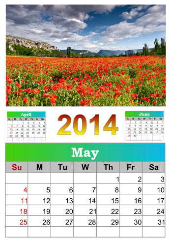 2014 Calendar. May. Beautiful summer landscape with field of poppies