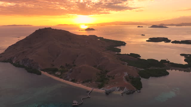 Aerial view of ship in Komodo National Park at sunset scene, Indonesia