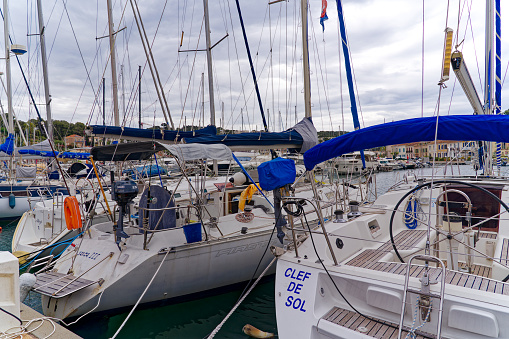 Boats moored at a marina on the Nervion River at Portugalete, near Bilbao, Spain