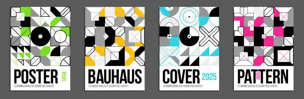 Vector illustration of Abstract geometric posters and covers set, vector background pattern magazine or catalog templates, technic style geometric shapes composition.