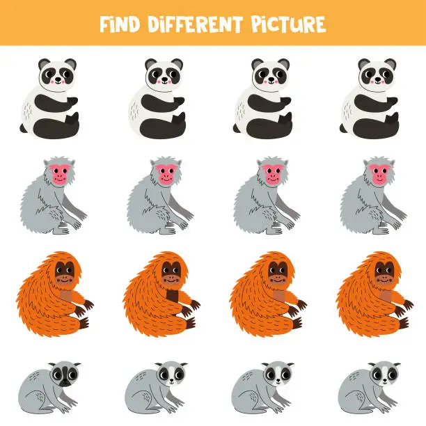 Vector illustration of Find different Asian animal in each row. Logical game for preschool kids.