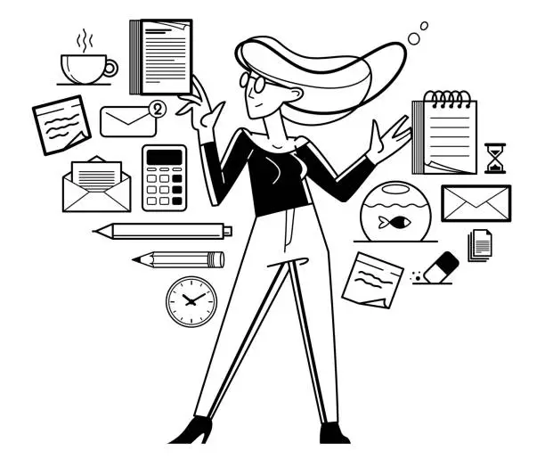 Vector illustration of Manager doing office work vector outline illustration, career in company for employee, business and paperwork, office worker.