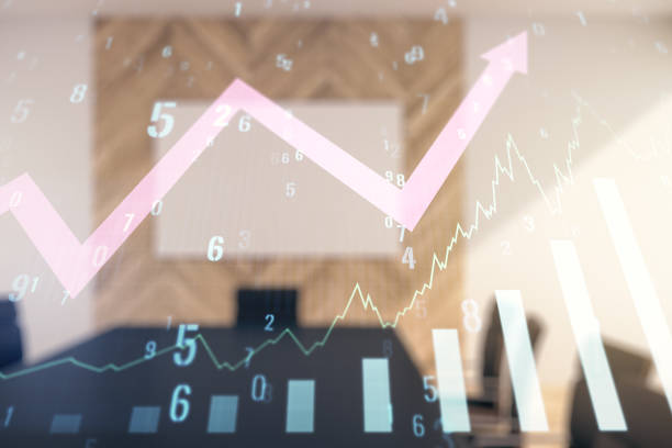 istock Multi exposure of virtual abstract financial graph and upward arrow on a modern conference room background, forex and investment concept 1789305676