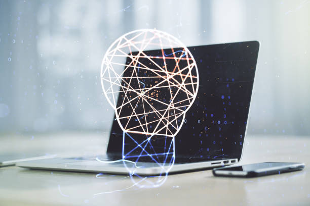 istock Creative light bulb hologram on modern laptop background, idea concept. Multiexposure 1789306214