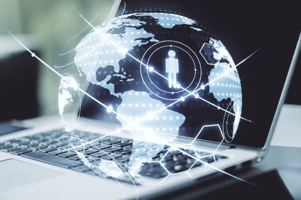istock Social network concept with world map and modern laptop on background. Multiexposure 1789306219