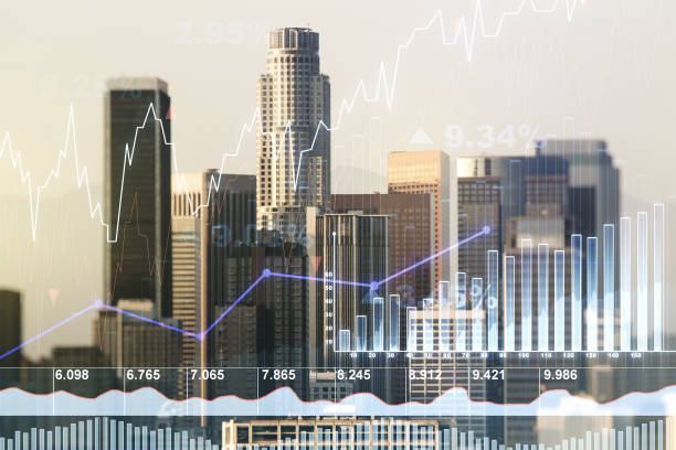 istock Abstract virtual financial graph hologram on Los Angeles skyline background, forex and investment concept. Multiexposure 1789306231