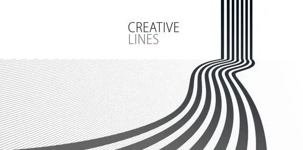 Vector illustration of 3D black and white lines in perspective abstract vector background, linear perspective illustration op art, road to horizon.