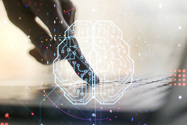 istock Double exposure of creative artificial Intelligence symbol with hands typing on laptop on background. Neural networks and machine learning concept 1789306754