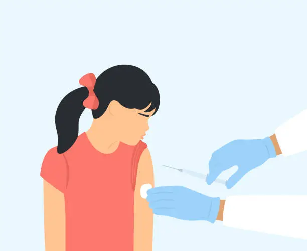 Vector illustration of Close-up View Of Doctor's Hands Injecting Vaccine To Little Girl. Child Vaccination And Virus Protection Concept