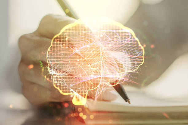 istock Creative artificial Intelligence concept with human brain sketch and woman hand writing in diary on background. Double exposure 1789306784