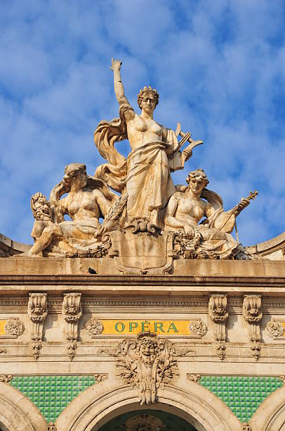 Oran, Algeria: the Opéra, statues representing tragedy, comedy and opera Oran, Algeria / Algérie: the Opera - statues by Fulconis, representing tragedy, comedy and opera - Place du 1er Novembre 1954 - photo by M.Torres  opera stock pictures, royalty-free photos & images